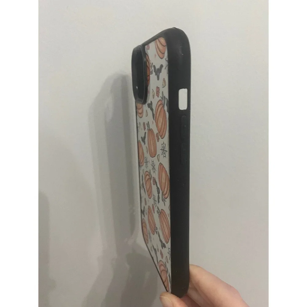 iPhone Case 14 Plus White Pumpkin Bat Halloween Spooky Print Black Bumper